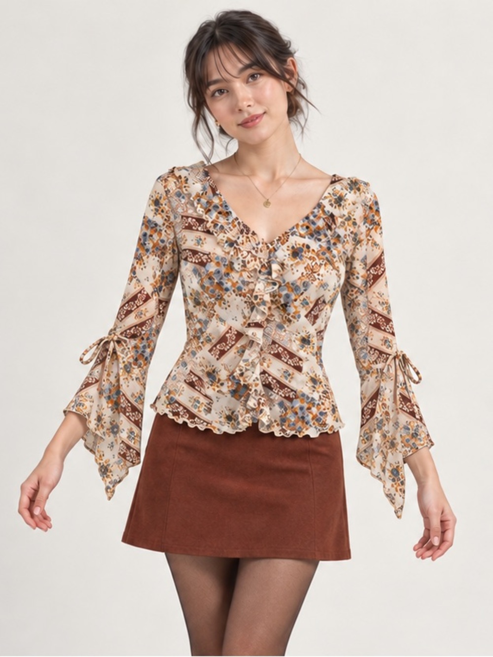 Vintage Y2K Ricki’s Floral Mesh Ruffle Bell Sleeve Blouse small/Medium Canada